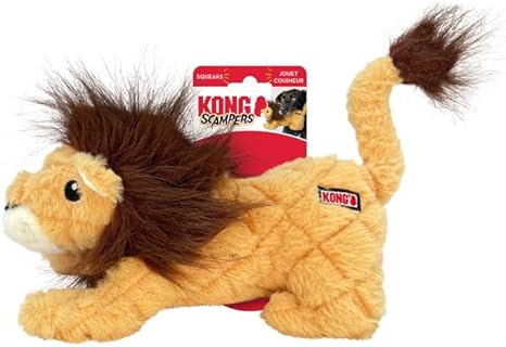 KONG Scampers Wildlife Plush Dog Toy – Lion / Medium | Soft Plush with Low-Tone Squeaker