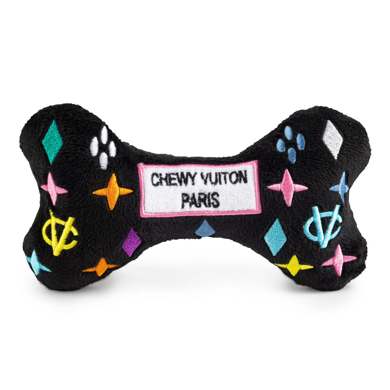 Designer Chewy Vuiton Bone Dog Toy | Black Monogram Plush & Squeaky