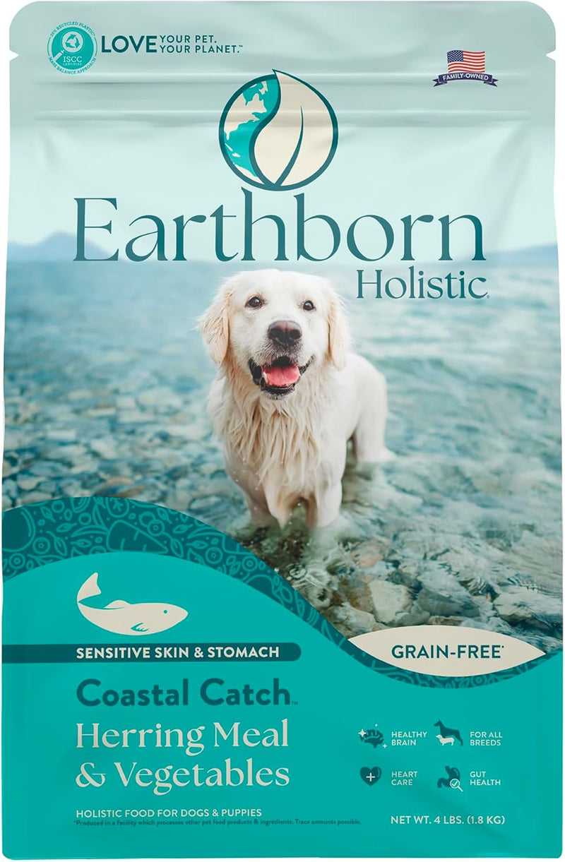 Earthborn Holistic Coastal Catch Grain-Free Dog Food - Herring Meal & Vegetables, 4 lb | Sensitive Skin & Stomach Formula